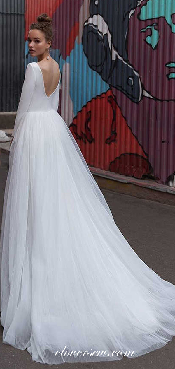Satin Tulle Long Sleeves V-back A-line Wedding Dresses ,CW0111 clover sew Satin Tulle Long Sleeves V-back A-line Wedding Dresses ,CW0111 clover sew