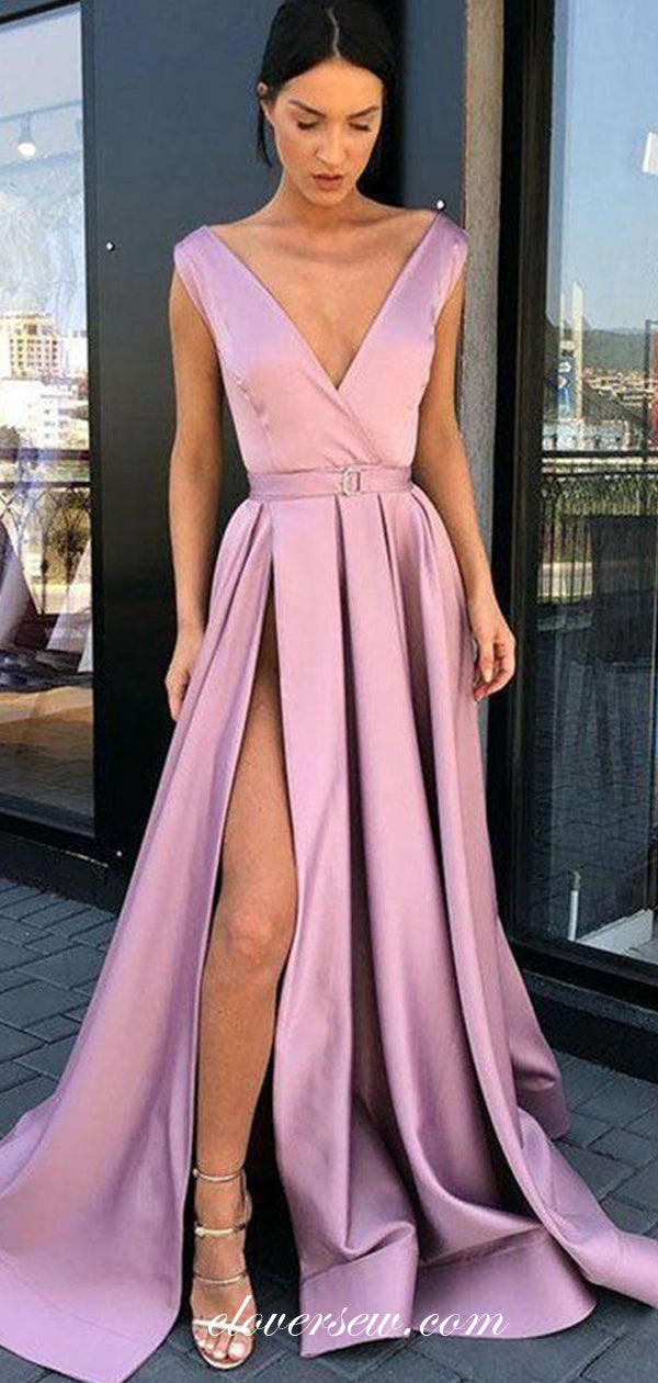 Satin Sleeveless V-neck Side Slit A-line Prom Dresses ,CP0382