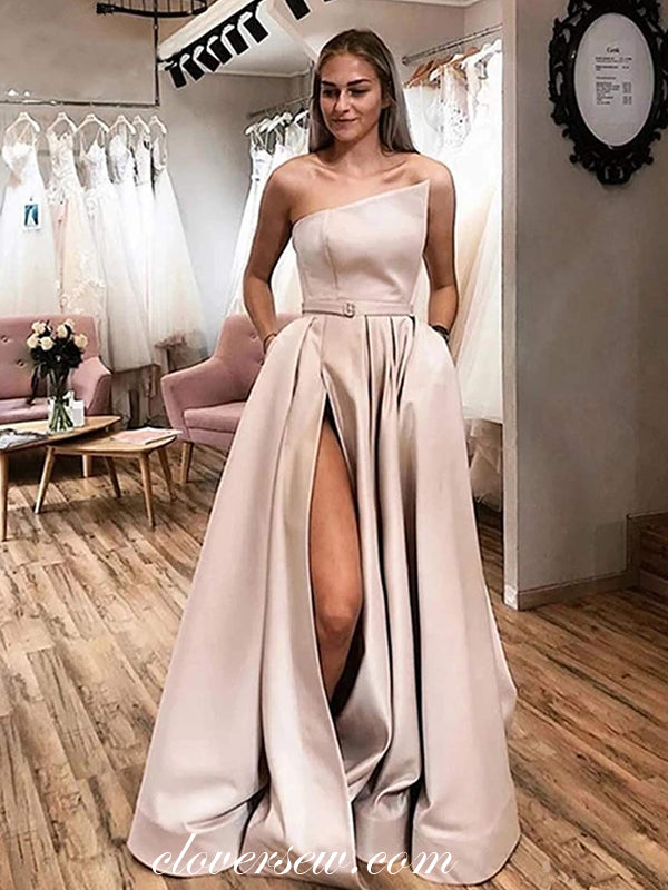Satin Strapless A-line With Side Slit Prom Dresses,CP0373