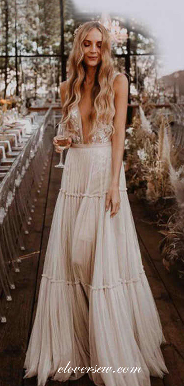 See Through Lace Tulle Sleeveless A-line Boho Wedding Dresses ,CW0114