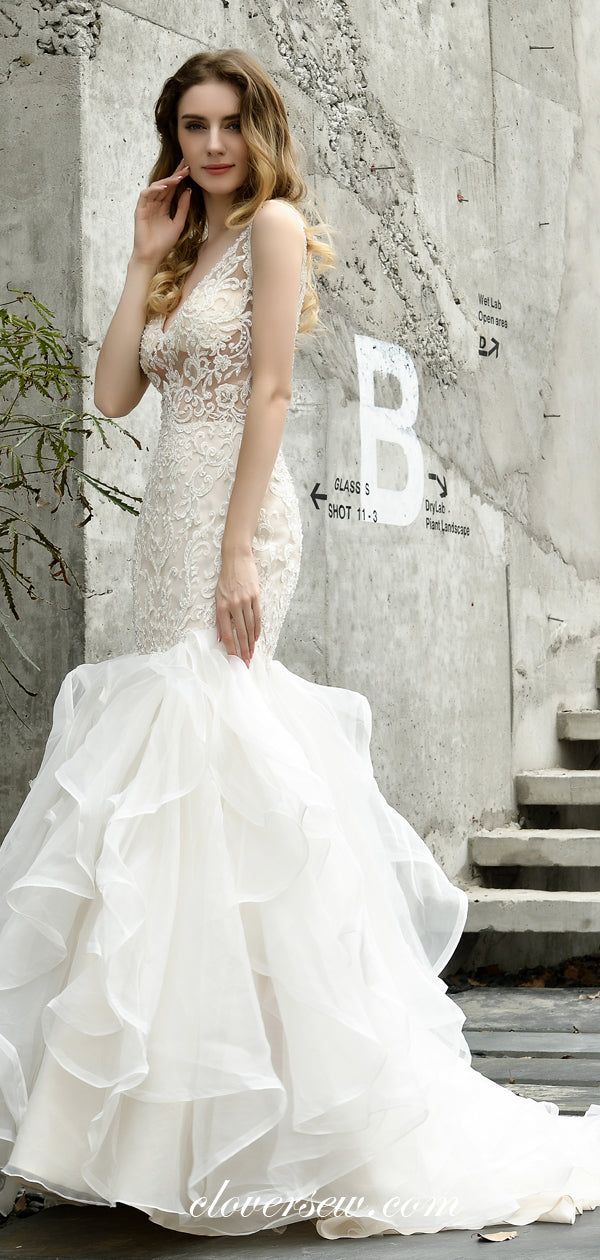 See Through Ivory Lace V-neck Ruffles Mermaid Wedding Dresses, CW0078 clover sew See Through Ivory Lace V-neck Ruffles Mermaid Wedding Dresses, CW0078 clover sew