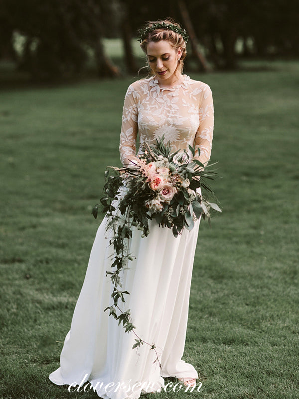 See Through Lace Top Long Sleeves Chiffon A-line Wedding Dresses , CW0 –  clover sew