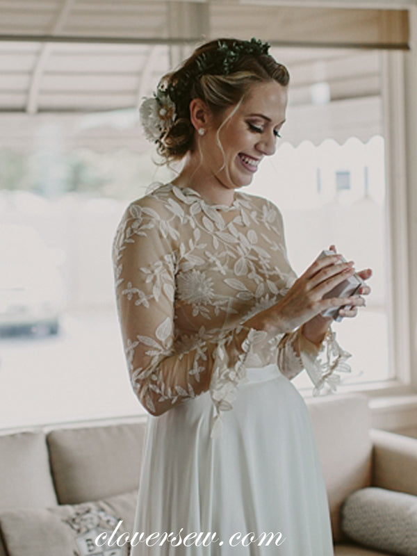 See Through Lace Top Long Sleeves Chiffon A-line Wedding Dresses , CW0047 See Through Lace Top Long Sleeves Chiffon A-line Wedding Dresses , CW0047