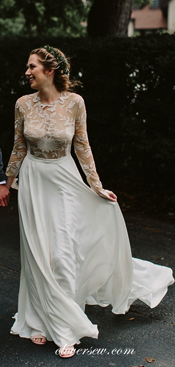See Through Lace Top Long Sleeves Chiffon A-line Wedding Dresses  , CW0047