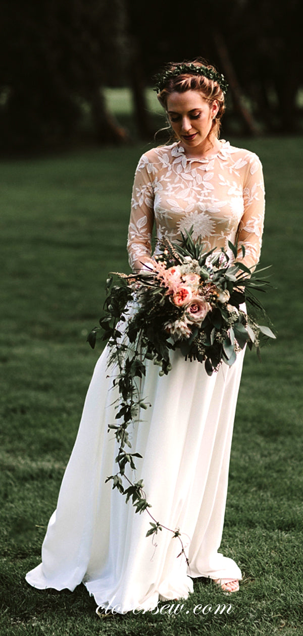 See Through Lace Top Long Sleeves Chiffon A-line Wedding Dresses , CW0047 See Through Lace Top Long Sleeves Chiffon A-line Wedding Dresses , CW0047