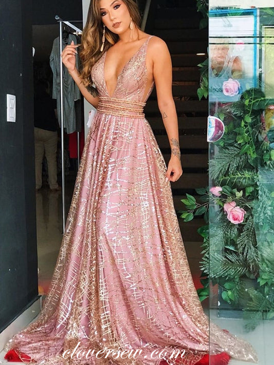 Sequin Lace Sleeveless V-neck Dusty Pink A-line Prom Dresses,CP0314