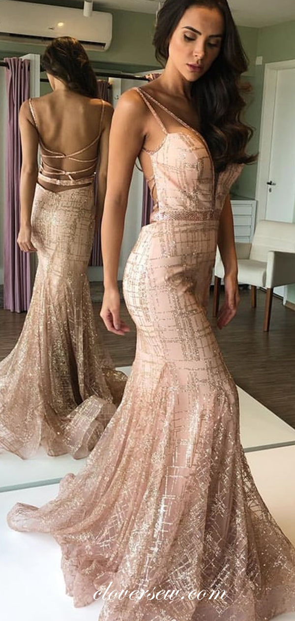 Sequin Lace Tulle Spaghetti Strap Lace Up Back Mermaid Prom Dresses,CP0292