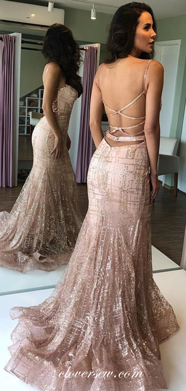 Sequin Lace Tulle Spaghetti Strap Lace Up Back Mermaid Prom Dresses,CP0292