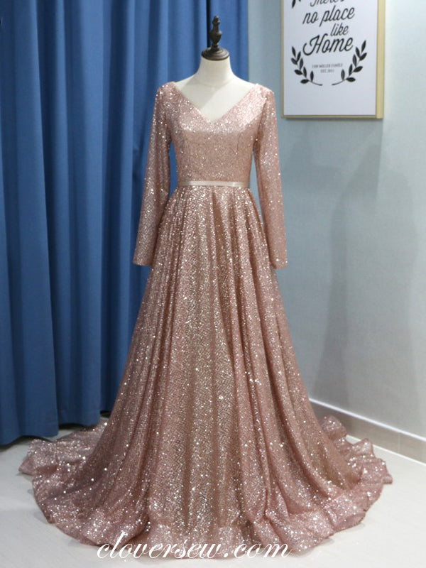 Sequin Long Sleeves Lace Up Back A-line Prom Dresses, CP0143