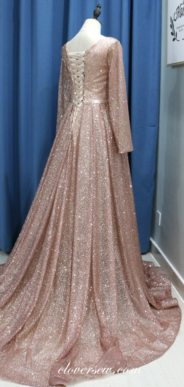 Sequin Long Sleeves Lace Up Back A-line Prom Dresses, CP0143