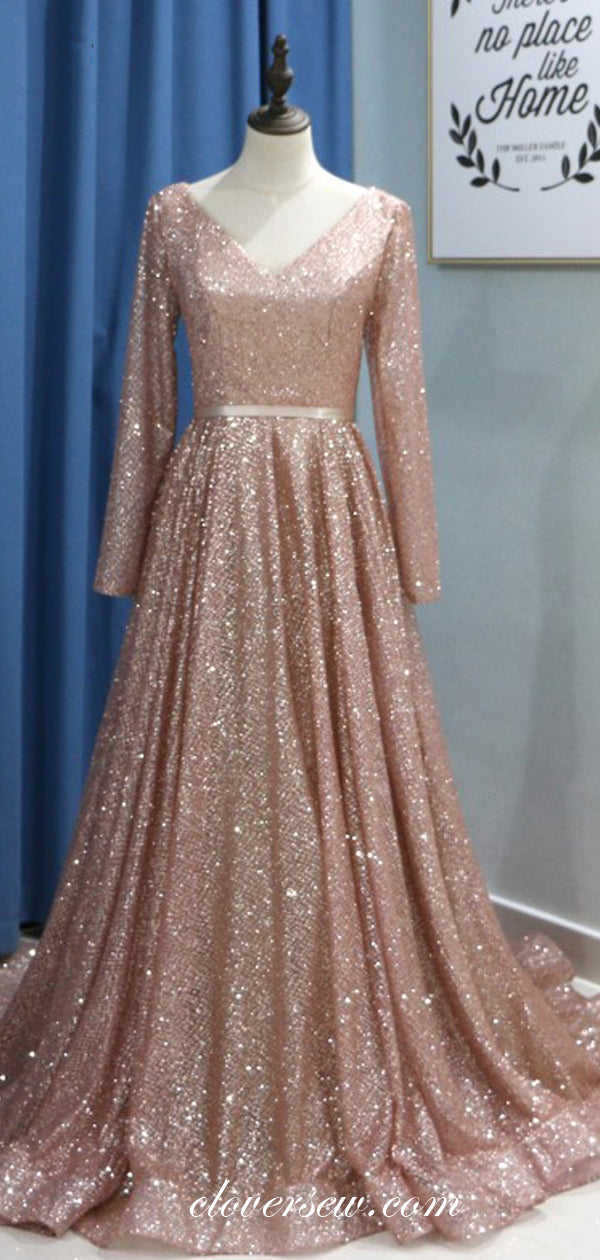 Sequin Long Sleeves Lace Up Back A-line Prom Dresses, CP0143