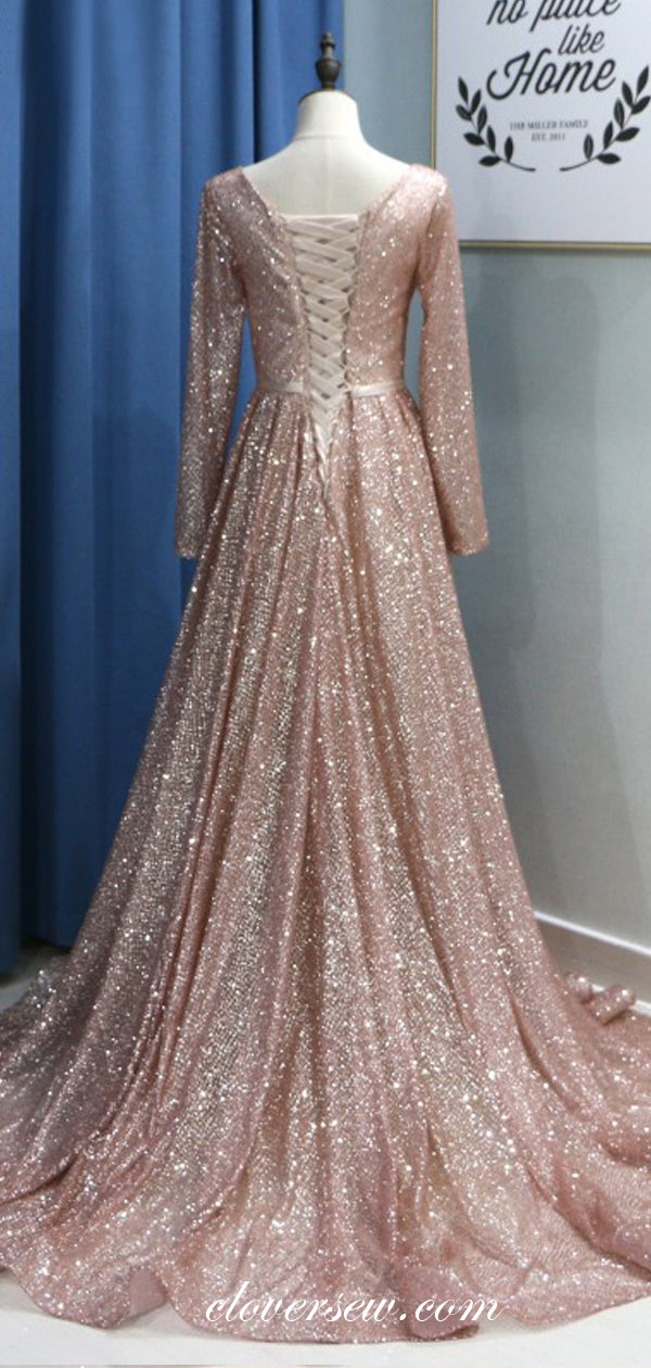 Sequin Long Sleeves Lace Up Back A-line Prom Dresses, CP0143