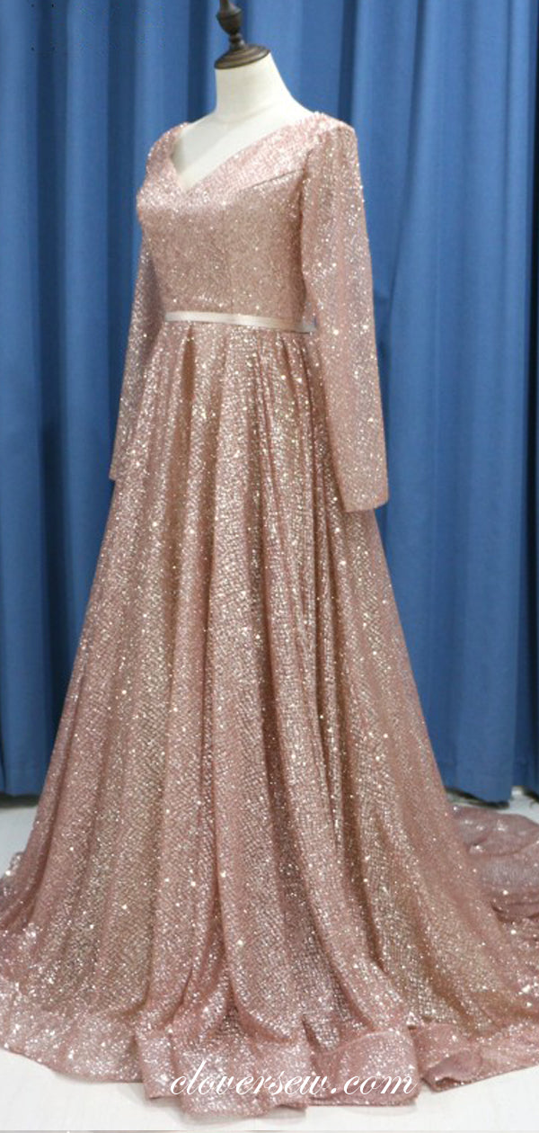 Sequin Long Sleeves Lace Up Back A-line Prom Dresses, CP0143