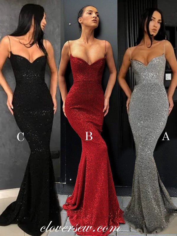 Sequin Spaghetti Strap Mermaid Long Prom Dresses, CP0088