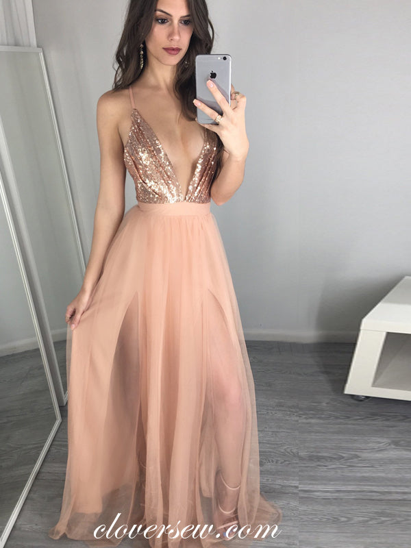 Sequin Top Tulle Spaghetti Strap Backless A-line Prom Dresses,CP0252