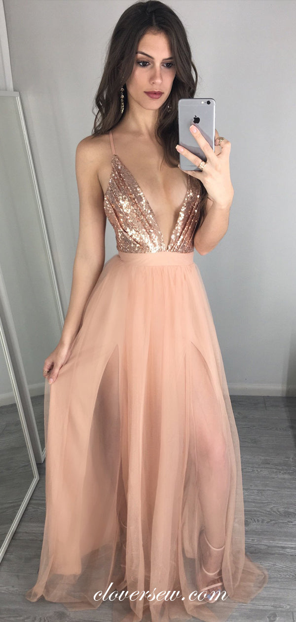 Sequin Top Tulle Spaghetti Strap Backless A-line Prom Dresses,CP0252