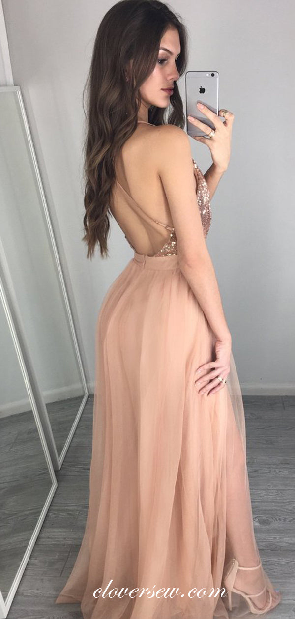Sequin Top Tulle Spaghetti Strap Backless A-line Prom Dresses,CP0252