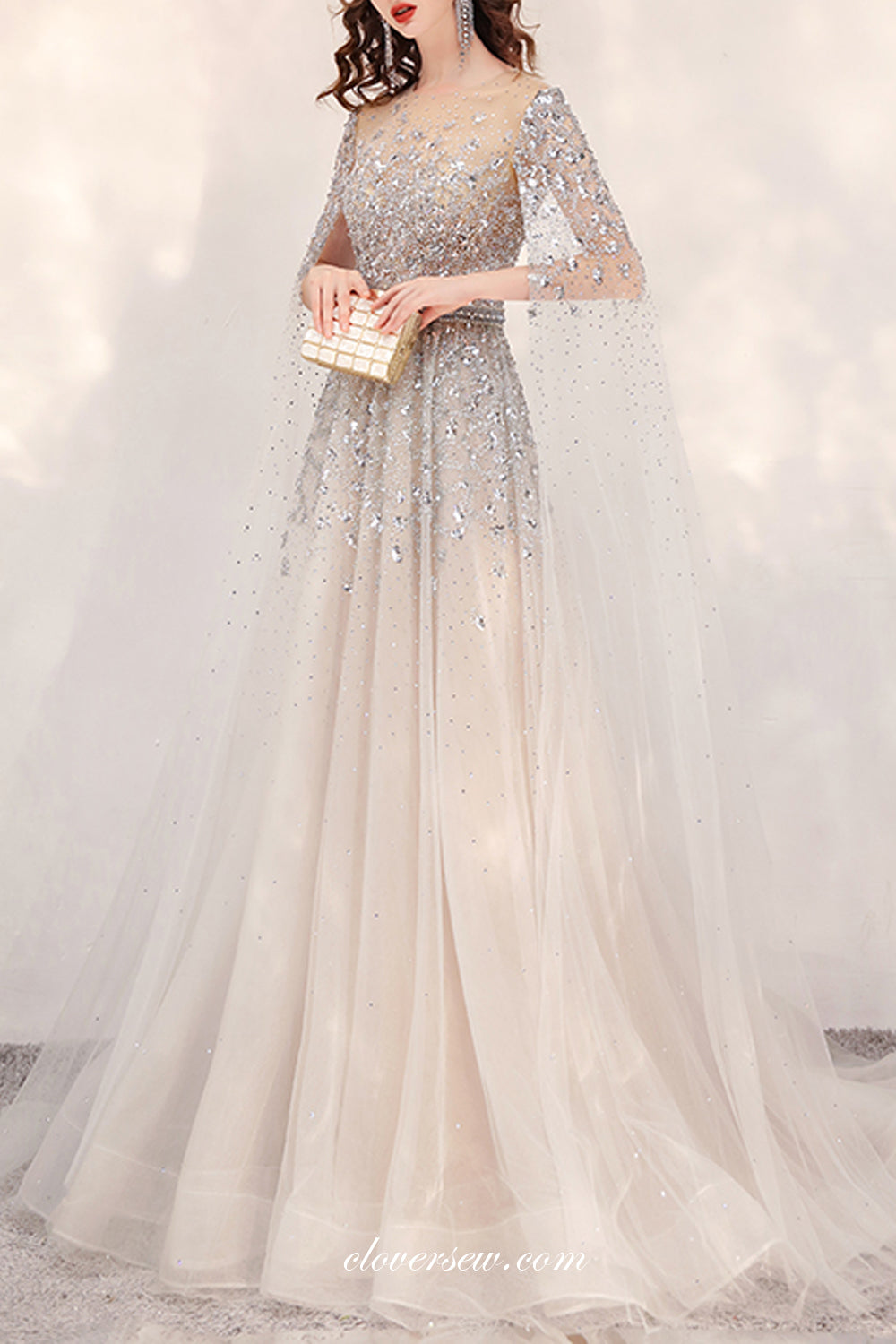 Sequined Bead Long Sleeves A-line Gorgeous Formal Dresses, CP0812