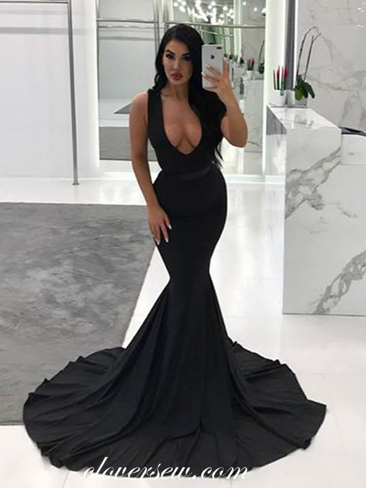 Sexy Black V-neeck Sleeveless Mermaid Formal Dresses, CP0006