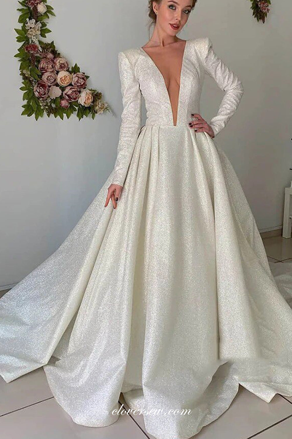 Shining Sequin Light Ivory Long Sleeves A-line Popular Wedding Dresses, CW0242 Shining Sequin Light Ivory Long Sleeves A-line Popular Wedding Dresses, CW0242