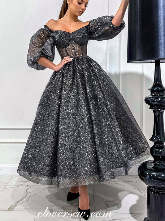Shiny Black Puffy Sleeves Off The Shoulder Ankle Length Evening Dresses, CP0846