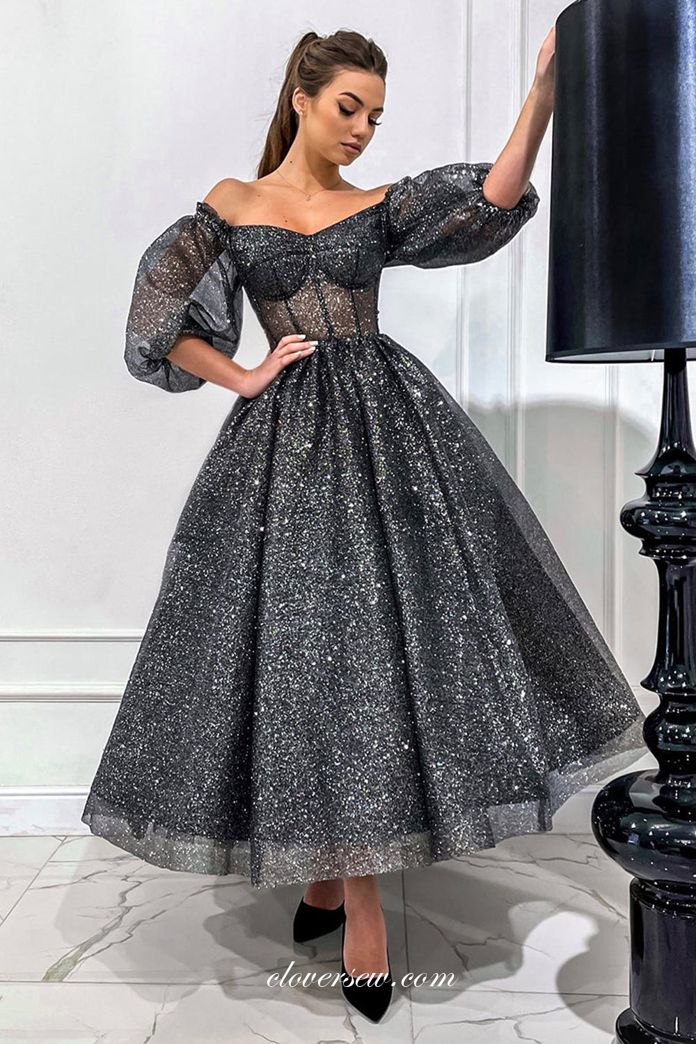 Shiny Black Puffy Sleeves Off The Shoulder Ankle Length Evening Dresses, CP0846 Shiny Black Puffy Sleeves Off The Shoulder Ankle Length Evening Dresses, CP0846