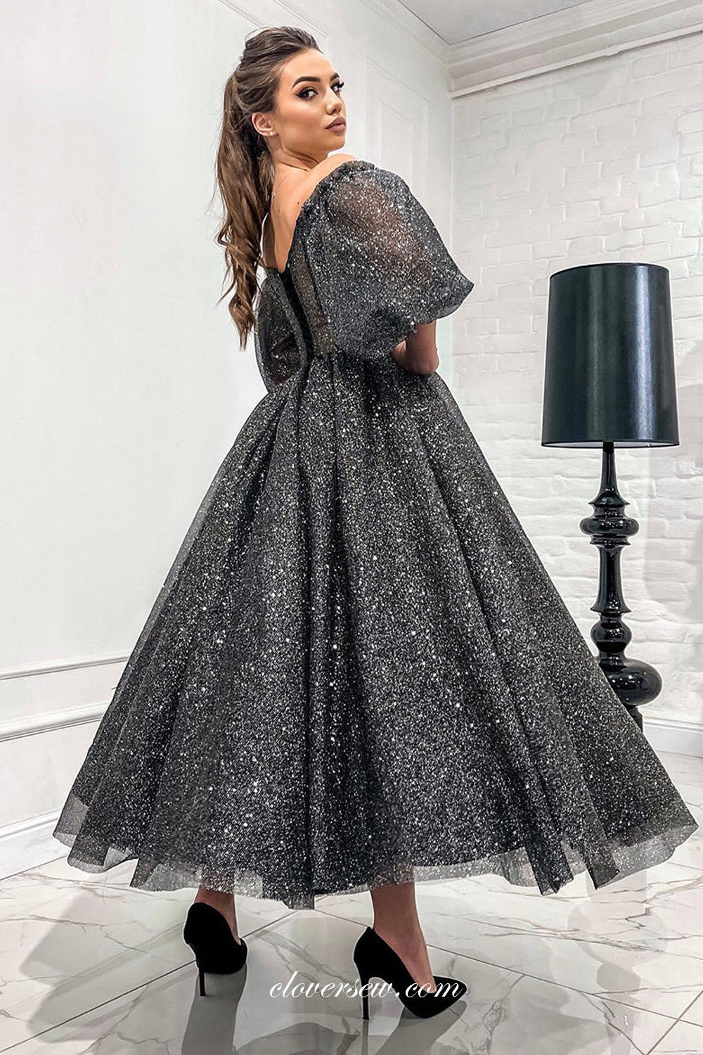 Shiny Black Puffy Sleeves Off The Shoulder Ankle Length Evening Dresses, CP0846
