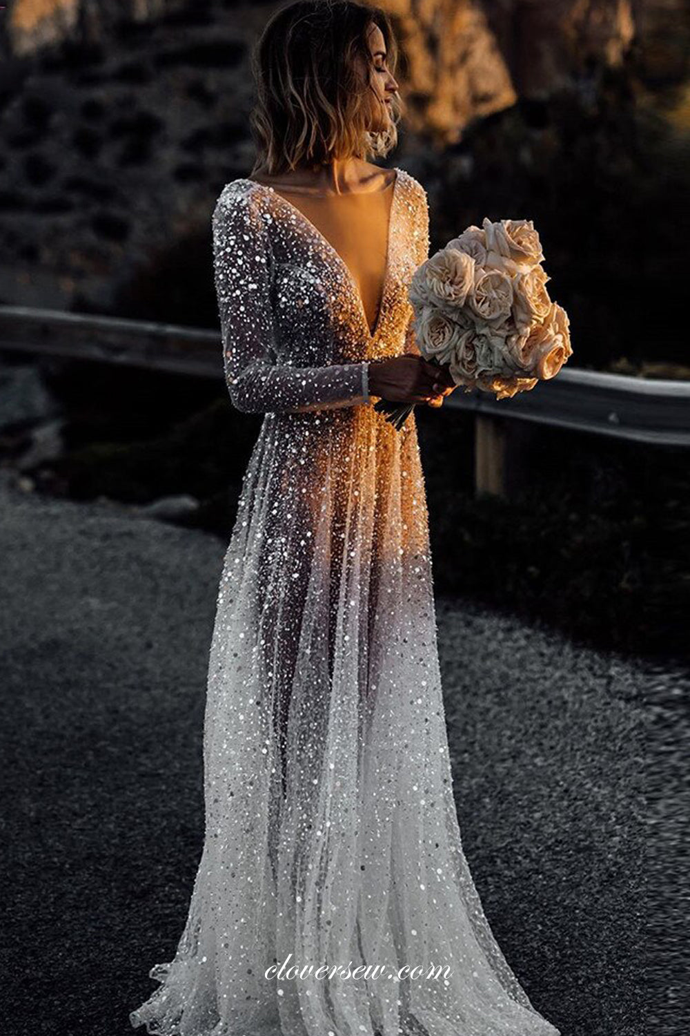 Shiny Sequined Tulle Long Sleeves See Through Beach Wedding Dresses, CW0302
