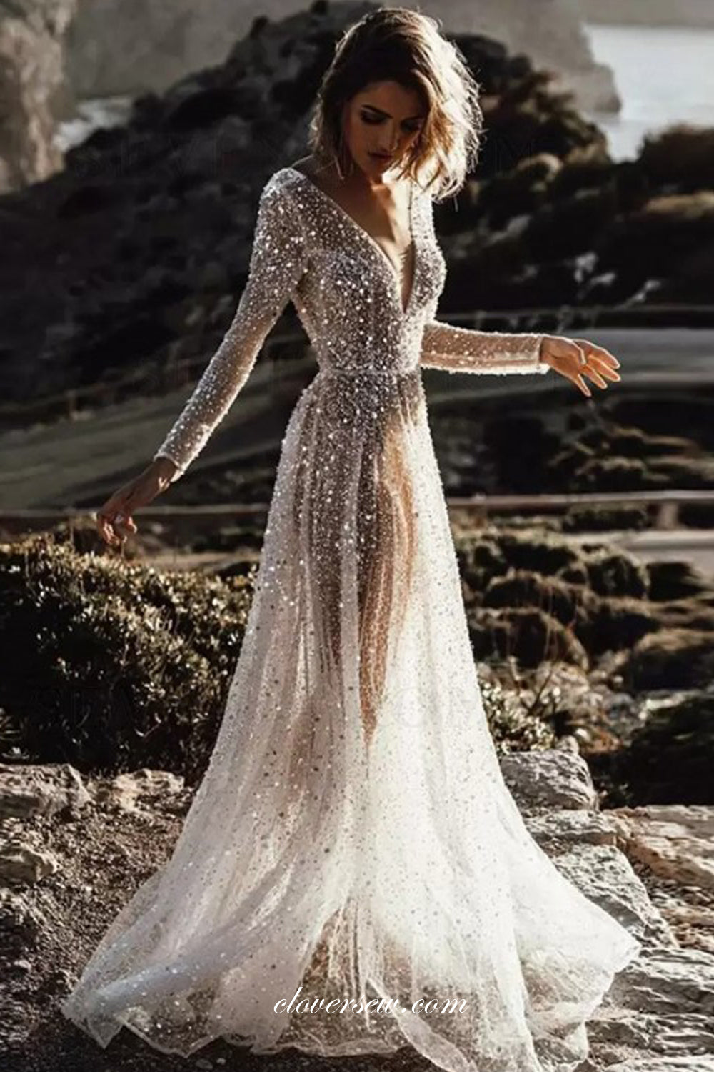 Shiny Sequined Tulle Long Sleeves See Through Beach Wedding Dresses, CW0302