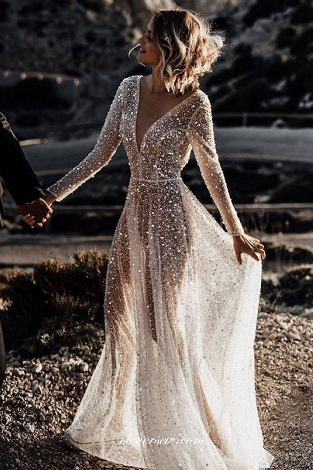 Shiny Sequined Tulle Long Sleeves See Through Beach Wedding Dresses, CW0302