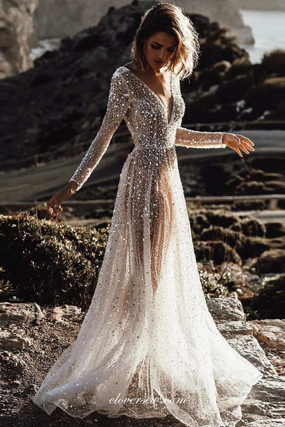 Shiny Sequined Tulle Long Sleeves See Through Beach Wedding Dresses, CW0302