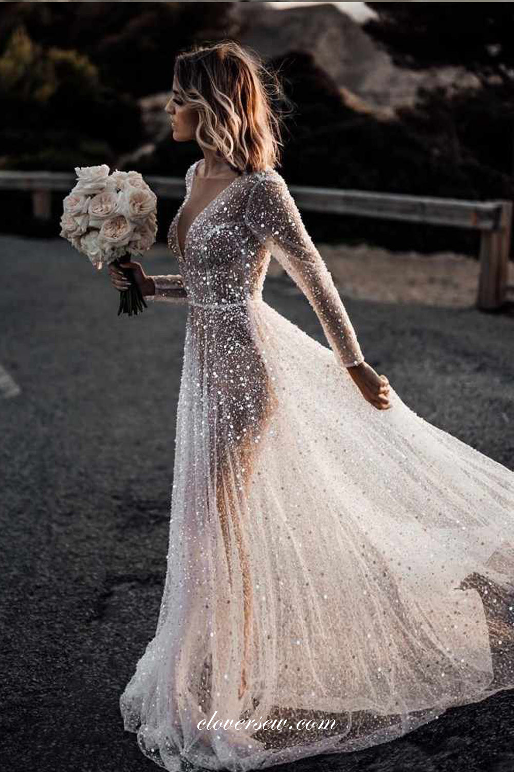 Shiny Sequined Tulle Long Sleeves See Through Beach Wedding Dresses, CW0302
