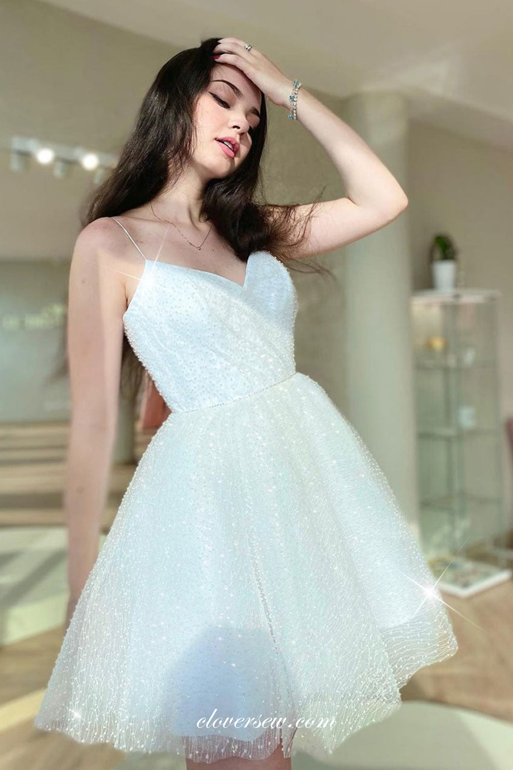 Shiny Sequined Tulle Spaghetti Strap Sparkly Homecoming Dresses, CH0050