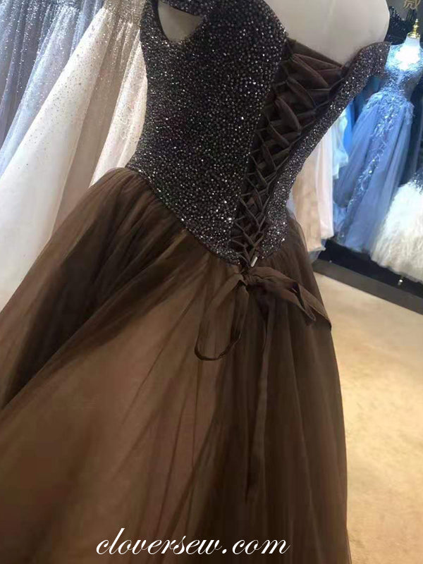 Shiny Bead Brown Tulle Off The Shoulder A-line Prom Dresses,CP0231