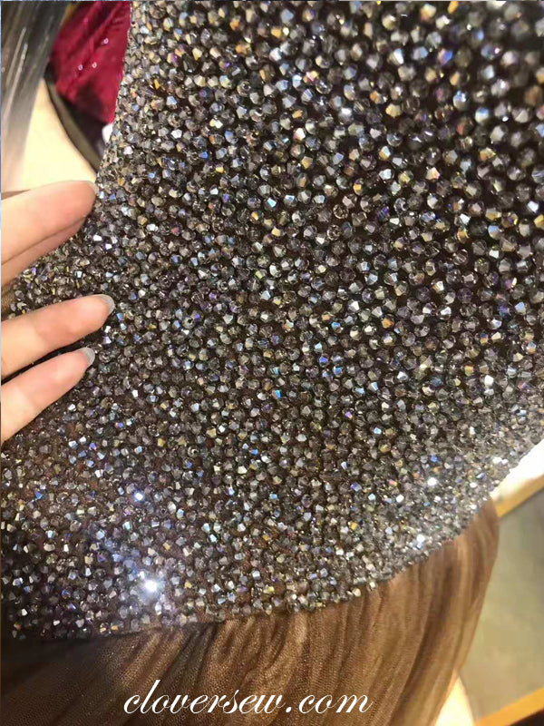 Shiny Bead Brown Tulle Off The Shoulder A-line Prom Dresses,CP0231