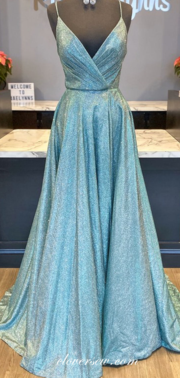 Shiny Blue Sequin Satin Spagehtti Strap A-line Prom Dresses , CP0273
