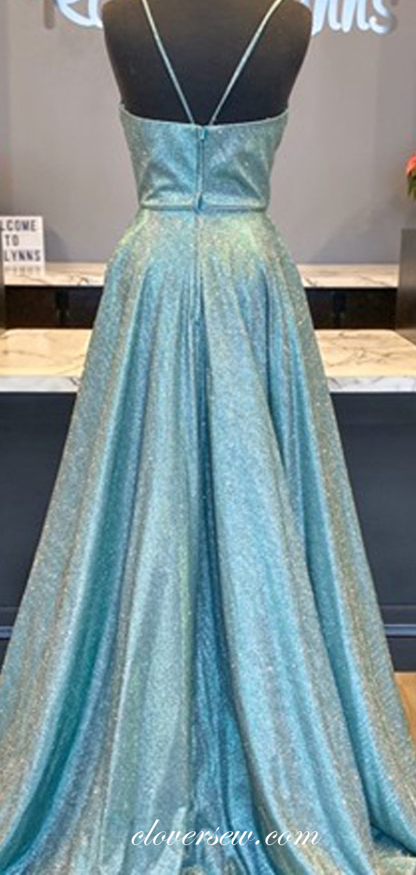 Shiny Blue Sequin Satin Spagehtti Strap A-line Prom Dresses , CP0273