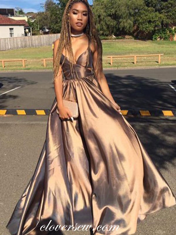 Shiny Chocolate Elastic Satin Spaghetti Strap A-line Prom Dresses ,CP0298
