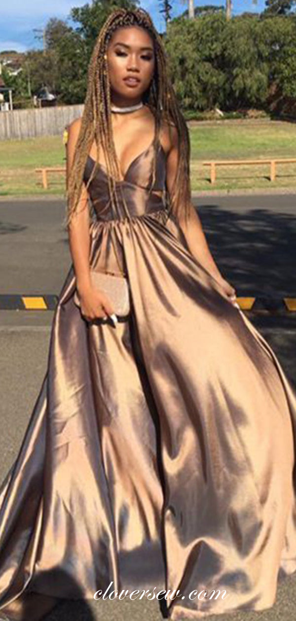 Shiny Chocolate Elastic Satin Spaghetti Strap A-line Prom Dresses ,CP0298