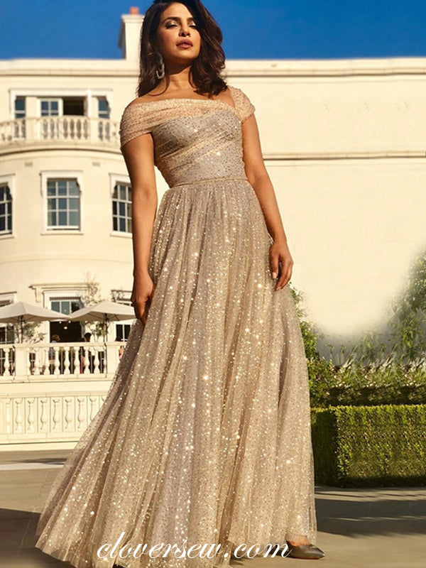 Shiny Gold Sequin Tulle Off The Shoulder A-line Prom Dresses,CP0441