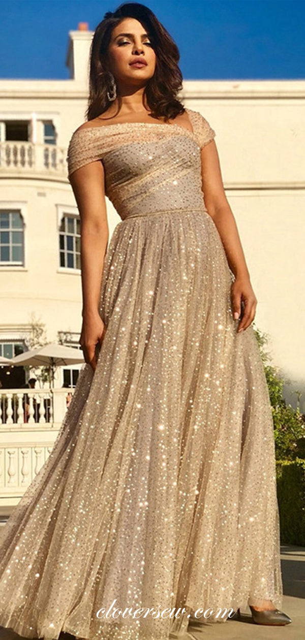 Shiny Gold Sequin Tulle Off The Shoulder A-line Prom Dresses,CP0441 Shiny Gold Sequin Tulle Off The Shoulder A-line Prom Dresses,CP0441