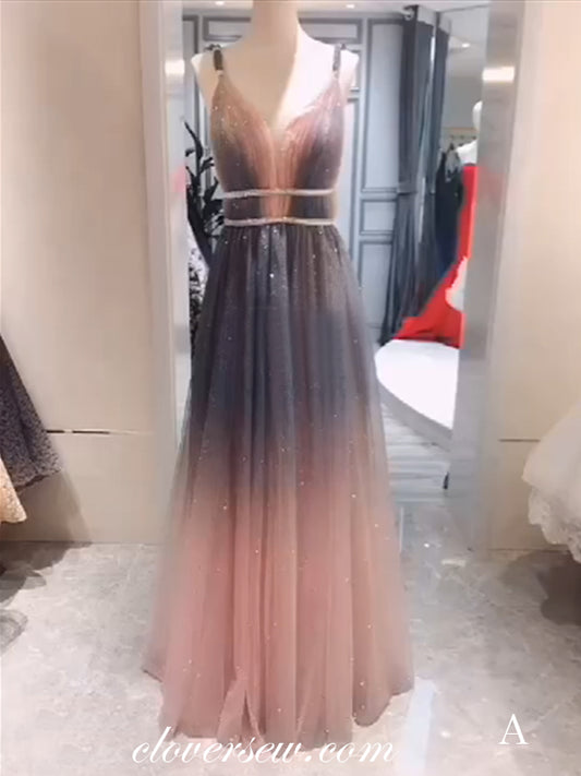 Shiny Gradient Sequin Tulle Bead A-line Prom Dresses ,CP0168