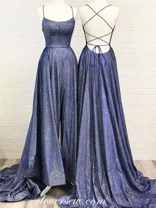 Shiny Navy Satin Spaghetti Strap Lace Up Back Column Prom Dresses,CP0283