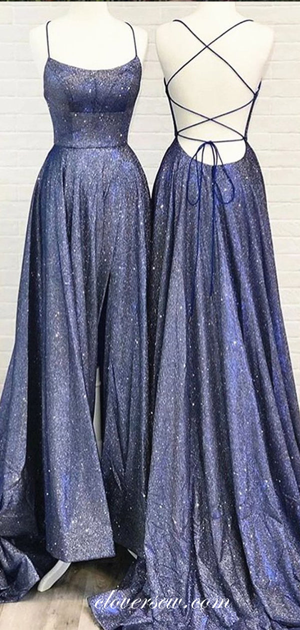 Shiny Navy Satin Spaghetti Strap Lace Up Back Column Prom Dresses,CP0283