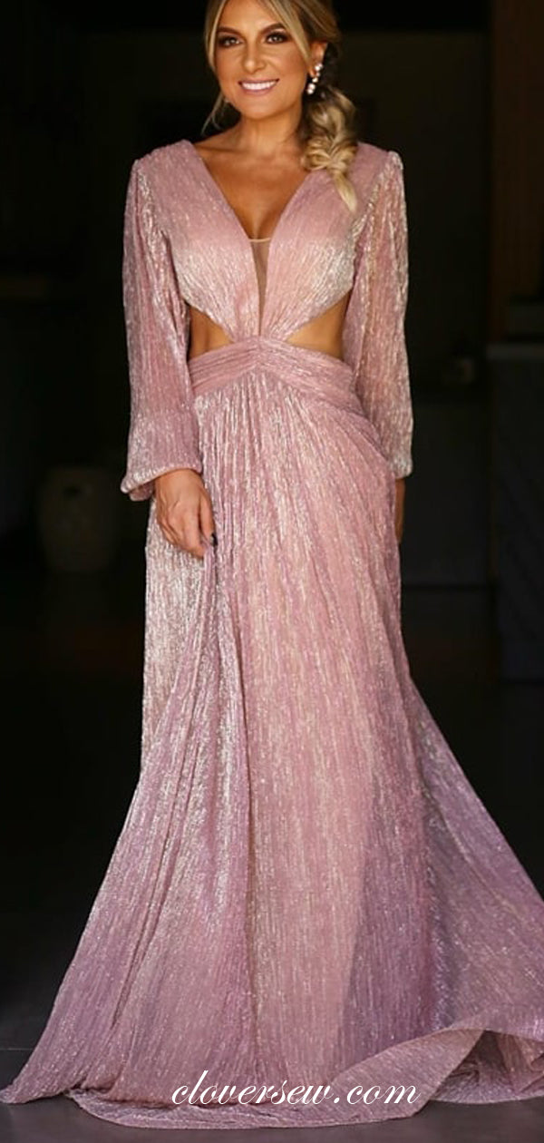 Shiny Pink Long Sleeves Open Back A-line Prom Dresses ,CP0308