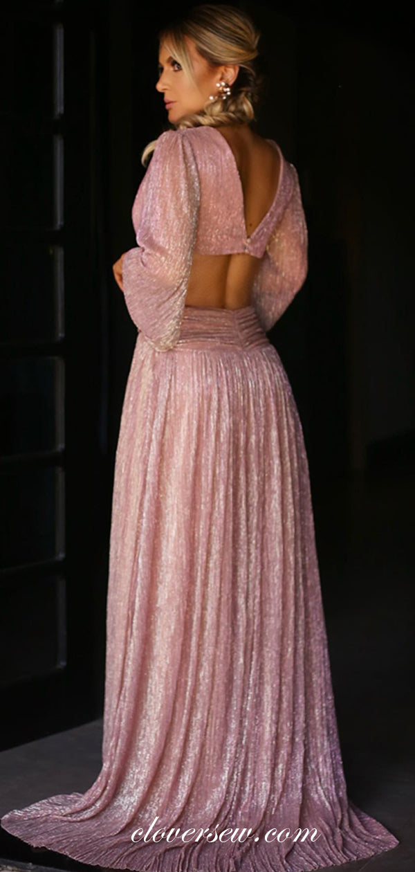 Shiny Pink Long Sleeves Open Back A-line Prom Dresses ,CP0308