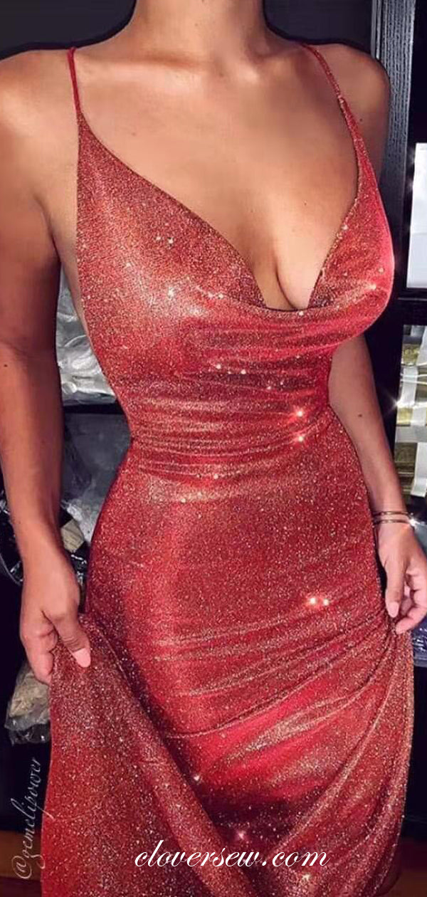 Shiny Satin Spaghetti Strap Sheath High Slit Sexy Party Dresses , CP0453