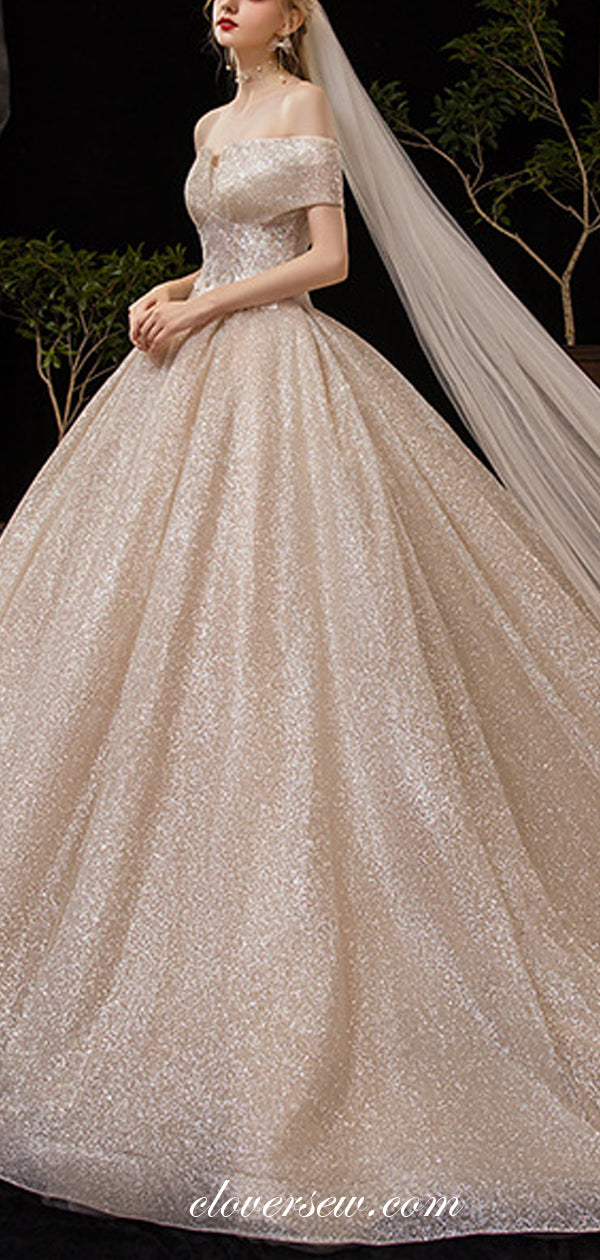 Shiny Sequin Tulle Off The Shoulder Ball Gown Fashion Wedding Dresses, CW0073