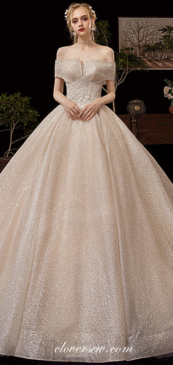 Shiny Sequin Tulle Off The Shoulder Ball Gown Fashion Wedding Dresses, CW0073