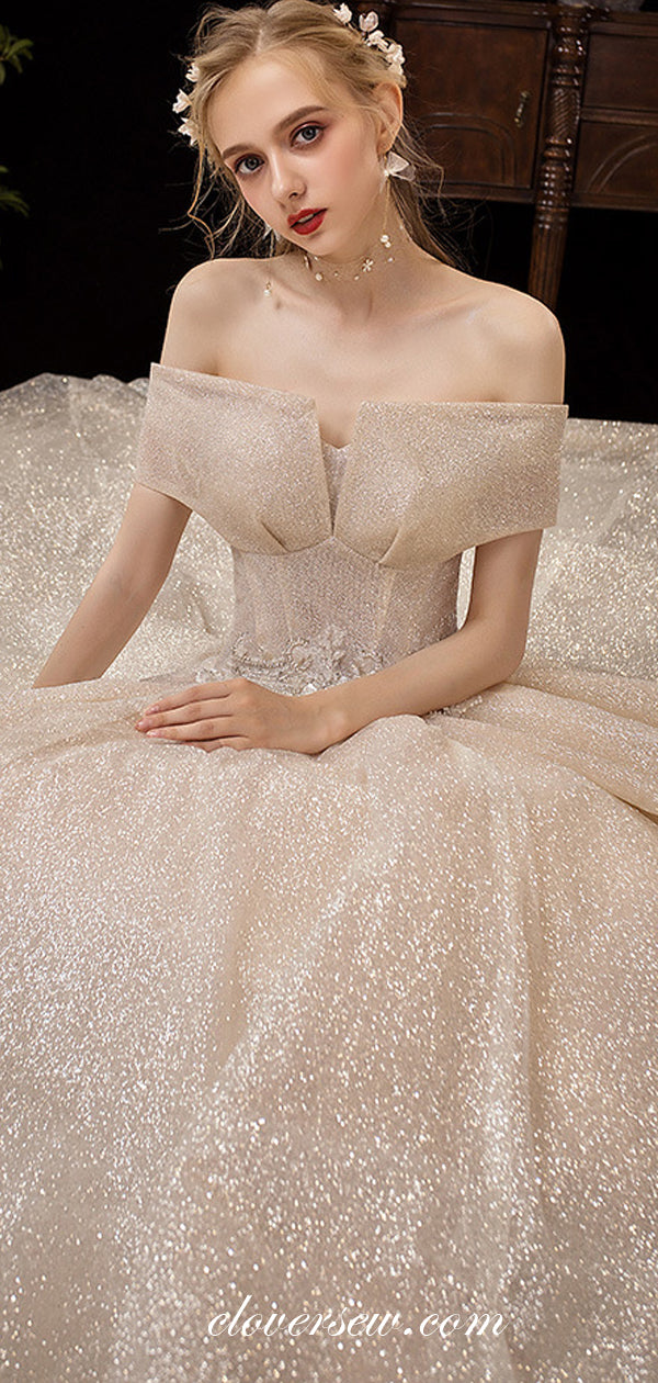 Shiny Sequin Tulle Off The Shoulder Ball Gown Fashion Wedding Dresses, CW0073